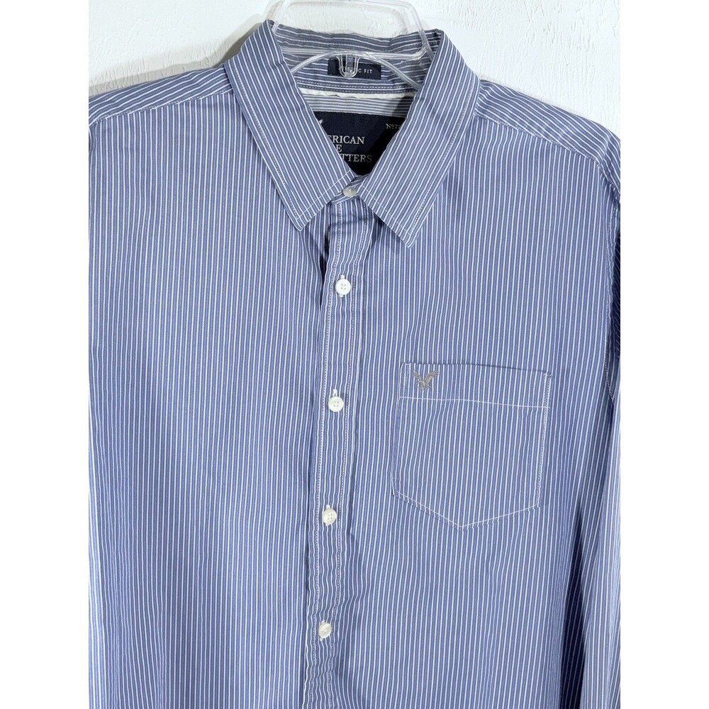 American Eagle No77 Blue Striped Large Casual Button Up Long Sleeve Mens Shirt
